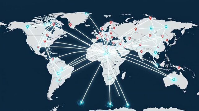 Global Network: A visualization of a global network connecting different points across the map, symbolizing interconnectedness, communication, and information flow.