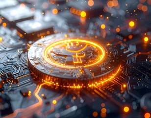 Illuminated digital coin design set amidst intricate circuit board