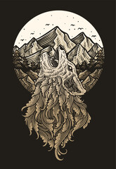 Howling Wolf Engraving With Mountains And Moon Vector Illustration