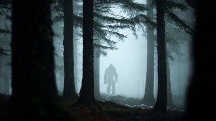 Obraz premium The dense fog conceals secrets within the woodland, creating suspense.