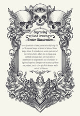 Vintage Engraving Frame With Skulls Angels And Ornamental Baroque Design