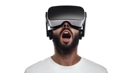 Man wearing virtual reality headset shows intense surprise and awe against a stark for gaming on transparent background