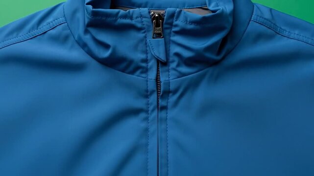 Close-up of a blue jacket zipper and collar on a green background.