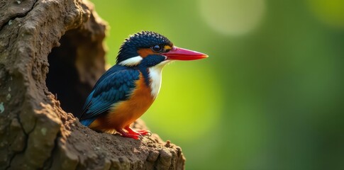 Downy kingfisher chick, beak open, peering out from nest hole, photography, kingfisher, feather