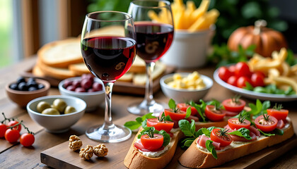 Fototapeta premium Wine and Italian Antipasto Platter with Bruschetta
