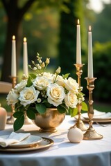 Elegant outdoor table, white roses, dried flowers, candles , garden, flowers
