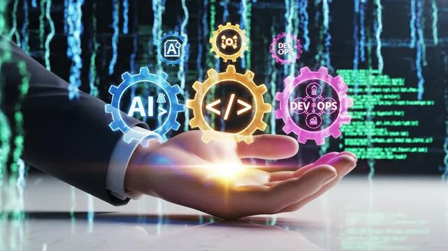 Businessman hand holding digital gears representing ai, coding, and devops integration in technology, 4k high quality video