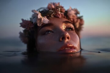 A serene woman adorned with a floral crown.