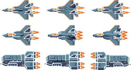 Pixel art spaceship fighter set with sci fi jets rockets engines for retro arcade game ui assets pack collection design © Creatives World