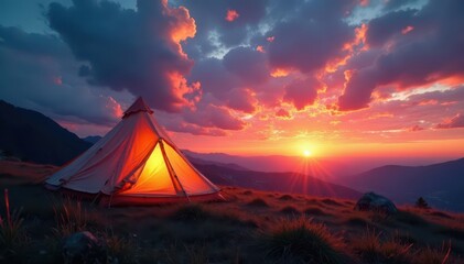 Glowing canvas tent beneath swirling, vibrant sunset, night sky, dramatic sky, illuminated