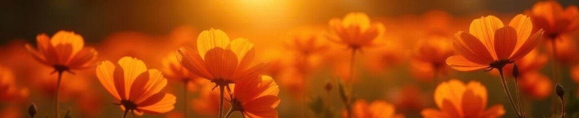 Golden hour light on a sea of orange blossoms, warm tones, golden hour, background