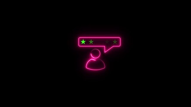 Neon glowing user profile ratting icon animation, user feedback icon animation, user profile review 5 star red ratting video motion, customer review 4k footage & black background.