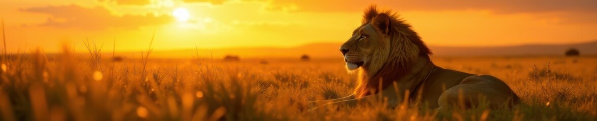 Golden sunset bathes a majestic lion resting in tall savanna grass , relaxed, wildlife photography, landscape