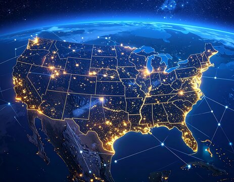 Illuminated view of the USA from space, with network lines - Powered by Adobe