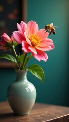 Honeybee hovering near colorful flower in elegant vase, closeup, beauty