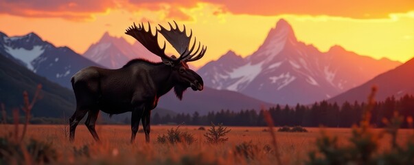 Imposing bull moose, velvet antlers, Teton range sunrise, wilderness, Wyoming
