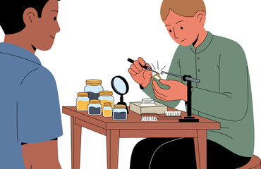 Man repairing watch with tools and parts.