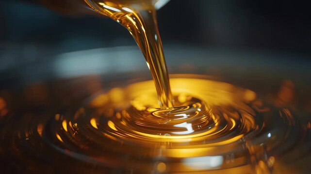 Viscous golden motor oil is captured pouring into an engine block with dramatic lighting in a detailed macro shot inside a garage.