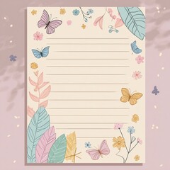 Decorative stationery page with leaves and butterflies.
