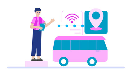 Smart Public Transport System with Live Tracking. Flat Vector Business Illustration