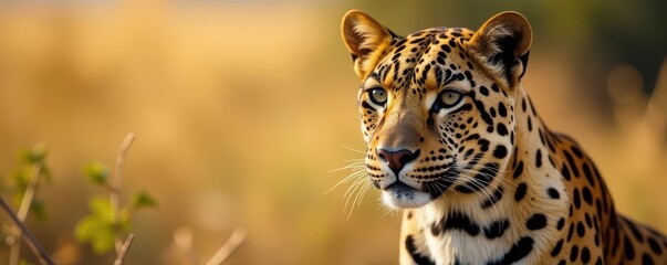 Obraz premium Majestic leopard portrait, sharp focus, blurred savanna background, elegant, close-up, wild