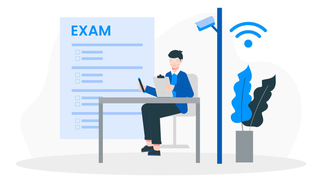 Smart University Implementing Digital Exam Proctoring. Flat Vector Business Illustration