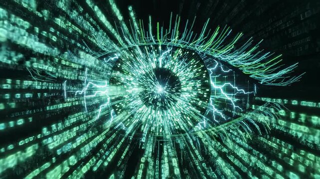 Digital Eye:  An intricate digital representation of an eye, intertwined with data streams and glowing lines. Evoking concepts of technology, surveillance, and cybernetics.