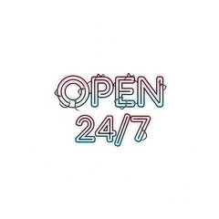 Neon sign displaying open 24/7 in a commercial setting
