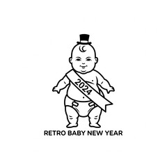 A smiling baby wearing a top hat and a 2024 sash stands in a retro new year illustration