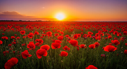 Fototapeta premium Vibrant red poppy field at sunset with warm light