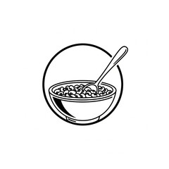 A bowl of cereal is placed inside a circular frame with a spoon resting on its edge.