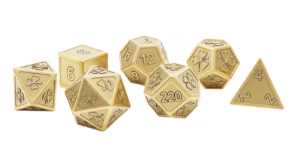 A set of seven polyhedral dice with intricate designs on a transparent background