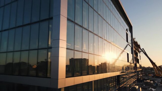 Workers constructing modern glass office building facade timelapse