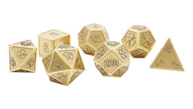 A set of seven polyhedral dice with intricate designs on a transparent background