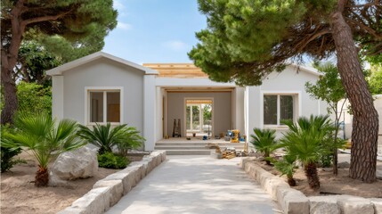 Fototapeta premium New house under construction with garden landscaping and pathway