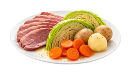Delicious corned beef with cabbage carrots and potatoes on a plate isolated on transparent background
