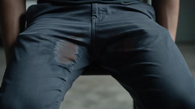 Observing the gradual appearance and expansion of a prominent liquid mark on dark grey trousers during a seated moment an unexpected personal