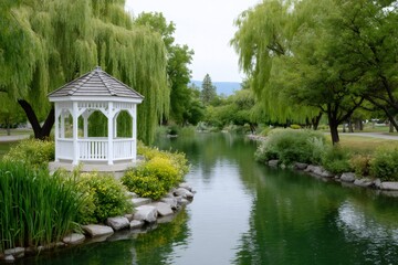Obraz premium White gazebo by tranquil pond in public park