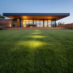 Contemporary house with large glass windows and wooden accents, real photo style, on green lawn background, concept of modern luxury living