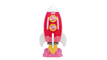 Toy Rocket Ship Taking Off on White Background