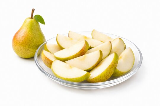 Fresh Pear Slices on Glass Plate with Whole Pear Isolated on White Background Ai Genreted 