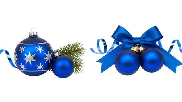 Festive blue christmas ornaments pine branch and ribbon bow on transparent background - Powered by Adobe