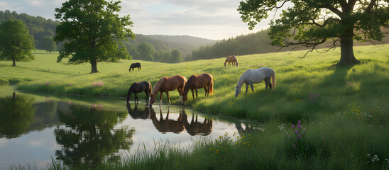 Horses drink from a calm pond in a lush green field during the golden hour of sunset