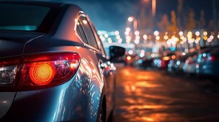 Car parked at outdoor parking lot. Used car for sale and rental service. night

