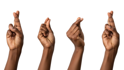 Four hands making wishful gestures with crossed fingers on transparent background