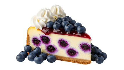Delicious blueberry cheesecake slice with whipped cream perfect for digital art on transparent background