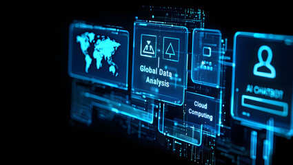 Digital World Interaction: A futuristic depiction of the digital world, focusing on global data analysis, cloud computing, and AI chatbot interface in blue tones.