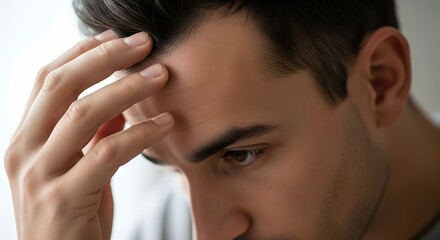 Fototapeta premium Young man looking stressed while holding his forehead indoors 