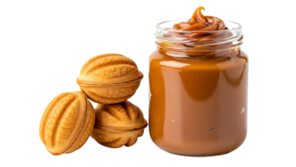 Caramel sauce in a jar with walnuts a delicious pairing on transparent background