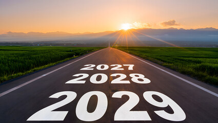 Navigating the Future: A visual representation of the journey toward 2029, with road leading into the sunset. Symbolizing future progress.
